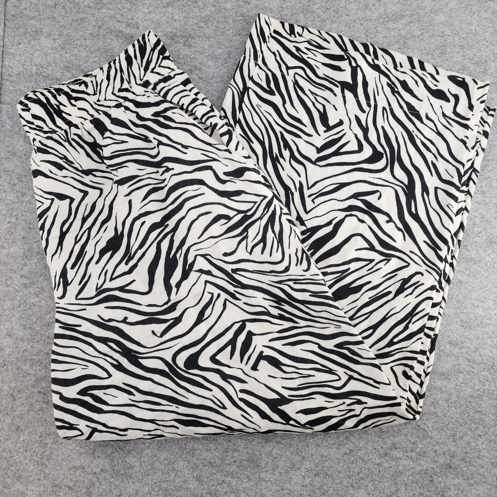 Nicole Miller Zebra Print 100% Linen Wide Leg Pants Black White Womens Large